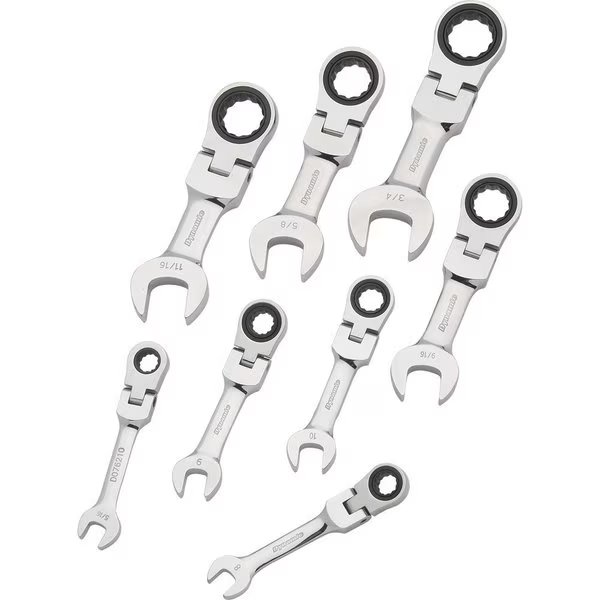 8Pcs SAE Stubby Flex Head, Combo Ratcheting Wrench Set, 5/16